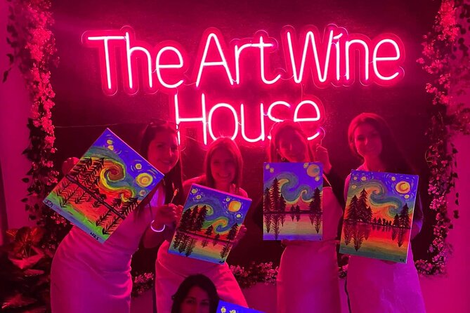Paint a neon fluorescent picture while drinking unlimited wine - The neon setup: fluorescent paints, lights, and your finished canvas